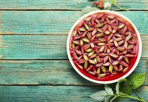 Yummy pie with rhubarb and raspberries,summer pie photo