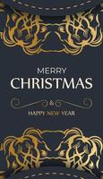 Happy new year flyer template in dark blue color with vintage blue ornament vector