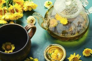 tetera de vidrio con té de flores, herboristería foto