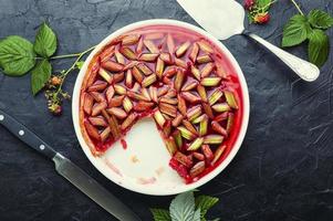 pastel de verano con ruibarbo y frambuesas. foto