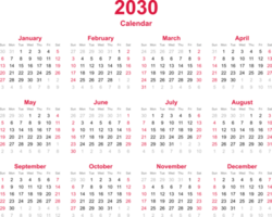 12 meses calendario año 2030 sobre fondo de transparencia png