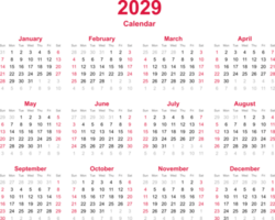 12 meses calendario año 2029 sobre fondo de transparencia png