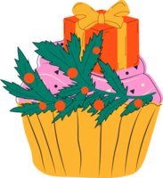 pastelitos con un regalo y un árbol de navidad. diseño plano .dibujos animados png