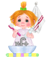 A little girl is standing in front of the washbasin, washing herself, holding a toothbrush and toothpaste in her hands. There is a towel behind her. png