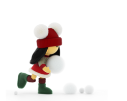 Cute rag poppet in a knitted Christmas sweater playing with snowballs png