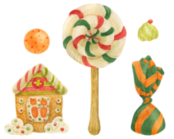 Gingerbread house and Christmas sweets, watercolor illustration png