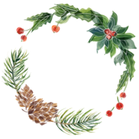 Christmas floral round frame with fir-tree and holly png