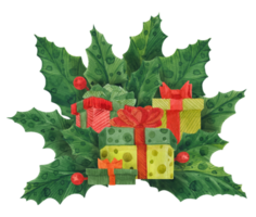 bouquet de houx de noël avec coffrets cadeaux, illustration aquarelle png