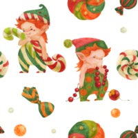 Christmas Elves seamless watercolor pattern with elves and candy canes on a white png