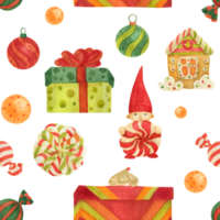 Christmas seamless watercolor pattern with gingerbread and lollipops and gifts on a white png