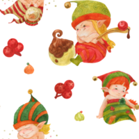 Christmas Elves Story pattern, baby elves with sweets and crystal ball on a white png