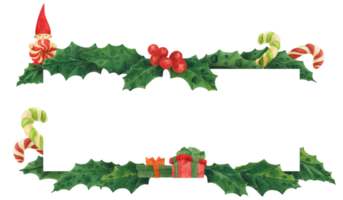 Christmas holly border with gnome and candy canes and gifts, watercolor illustration png