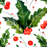 Christmas Holly watercolor seamless pattern. Green leaves and winter red berries png