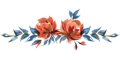 Blumengirlanden-Vignette aus blauen und orangefarbenen Rosen im Folk-Cottege-Trend png