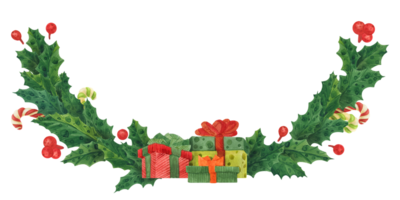 Kerstmis hulst slinger met geschenk dozen en snoep wandelstokken, waterverf illustratie png