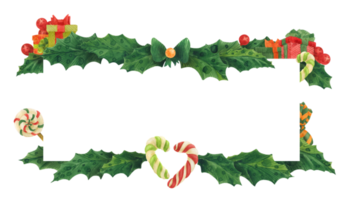 frontière de houx de noël avec des cannes de bonbon et des cadeaux, illustration aquarelle png