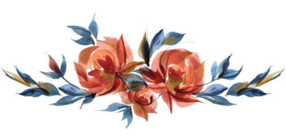 Blue and orange roses floral garland vignette in folk cottege trend png