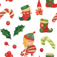 Christmas pattern, girl elf with candy cane and stocking on a white background png