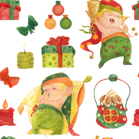 Christmas pattern for good night, baby elves and candles ans gift boxes png