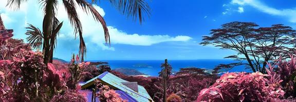 Beautiful purple and pink infrared panorama of a landscape on the Seychelles photo