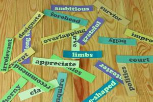 English vocabulary cards on wooden table photo