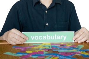 Tarjeta de vocabulario de mano con tarjetas de palabras en inglés foto