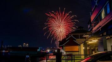 fireworks on the river in the dark sky photo