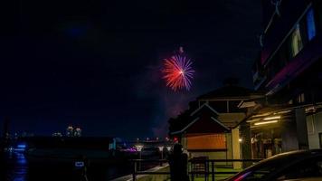 fireworks on the river in the dark sky photo