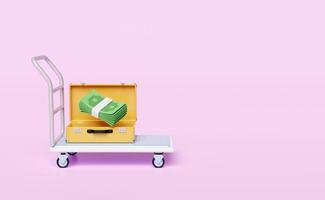 icono de carro de almacén 3d con billete de dólar de pila en maleta amarilla, carro de plataforma aislado sobre fondo rosa. inversión o financiación empresarial, concepto de préstamo, ilustración 3d foto