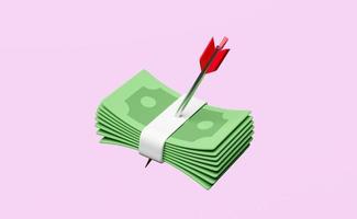 3d banknote stack with darts or arrow floating icon isolated on pink background. economic movements or business finance concept. 3d render illustration photo
