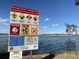ALBURY, NEW SOUTH WALES, AUSTRALIA 2022 Boating safety information rules signage at Bowna Waters Reserve natural parkland on the foreshore of Lake Hume. photo