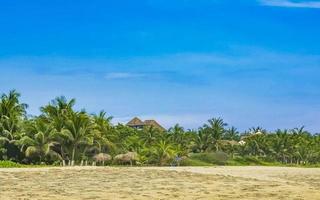 Palms parasols sun loungers beach resort Zicatela Puerto Escondido Mexico. photo