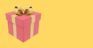 Realistic red gift box with yellow ribbon. 3D rendering. Icon on yellow background, text space. photo