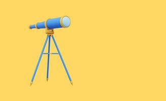 Multicolored telescope. 3d rendering. Icon on yellow background, space for text. photo