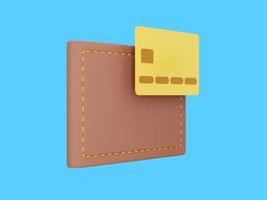 concepto de pago. billetera cerrada con tarjeta de crédito sobre fondo azul. ahorro, icono de enriquecimiento. representación 3d foto