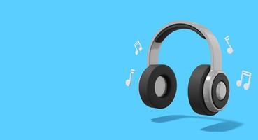 Realistic gray headphones with music notes on blue background with space for text. 3d rendering. photo