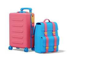 3d rendering. Multicolored suitcase and tourist backpack on white background with space for text. photo