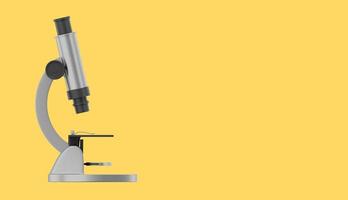 Realistic gray microscope. 3D rendering. Icon on yellow background, text space. photo