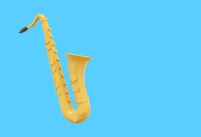 saxofón amarillo, instrumento musical, de lado. representación 3d icono sobre fondo azul, espacio para texto. foto