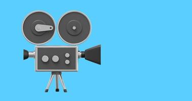 Vintage black cartoon style movie camera. Funny retro video camera. 3D rendering. Icon on blue background, text space. photo