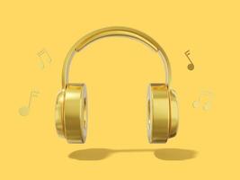 3d rendering. Realistic golden headphones with musical notes on yellow background. Front view. photo