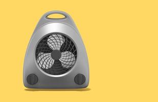 representación 3d calentador de ventilador gris realista sobre fondo amarillo con espacio para texto. vista frontal. foto