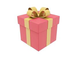 Realistic red gift box with yellow ribbon. 3D rendering. Icon on white background photo