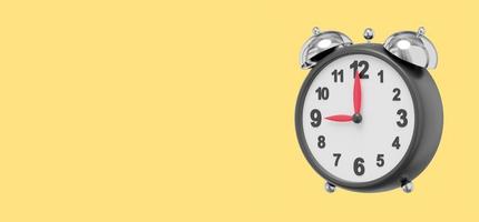 Realistic vintage alarm clock, side view. 3D rendering. Icon on yellow background, space for text. photo