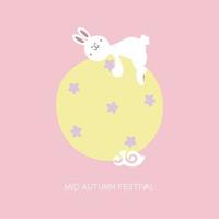 happy mid autumn festival asian culture with cute white bunny rabbit on the moon, flat vector illustration cartoon character costume design