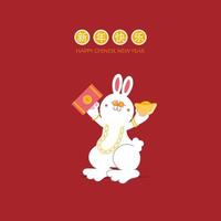 happy chinese new year with text, year of the rabbit zodiac, asian culture festival concept with gold in red background, flat vector illustration cartoon character design