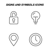 Minimalistic outline signs drawn in flat style. Editable stroke. Vector line icon set with symbols of lock, light bulb, geotag sign, clock