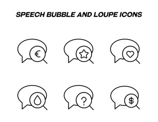 Monochrome signs in flat style for stores, shops, web sites. Editable stroke. Vector line icon set with symbols of euro, star, heart, dollar, water, question in speech bubble and loupe