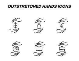 Monochrome signs in flat style for stores, shops, web sites. Editable stroke. Vector line icon set with symbols of dollar, euro, money bag, pie chart, book between hands