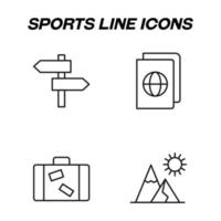 Minimalistic outline signs drawn in flat style. Editable stroke. Vector line icon set with symbols of direction pointer, ticket, luggage, baggage, sun over mountains
